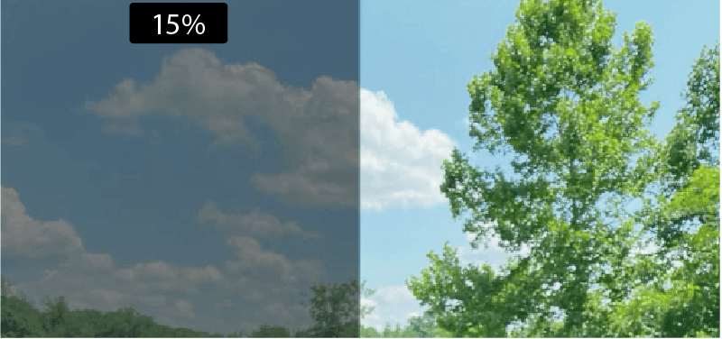 15% Dual Reflective Window Film. Really dark for those trouble spots, this window film can reduce up to 82% of the heat, 89% of the glare and 99% of the UV Rays.